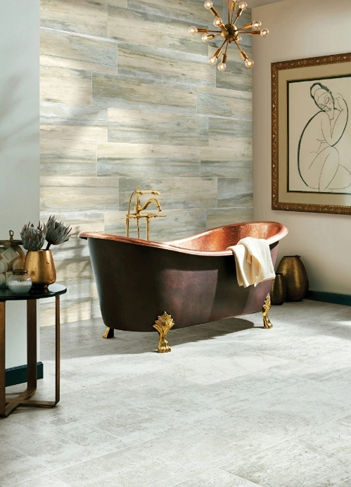 tile in bathroom with copper tub