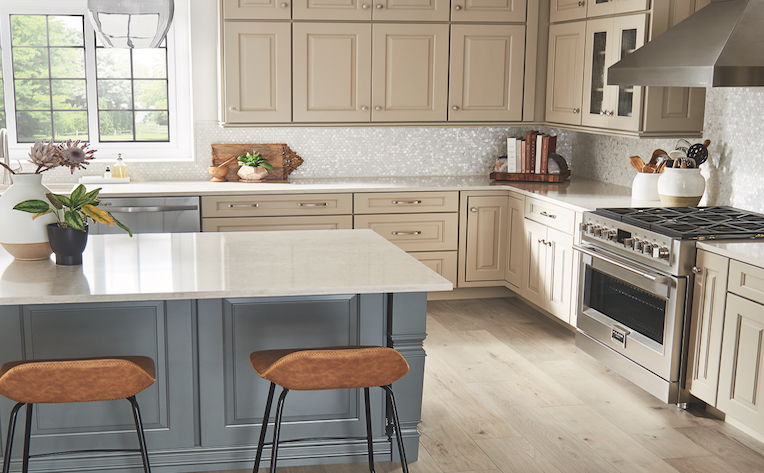wood-look laminate in kitchen with blue island